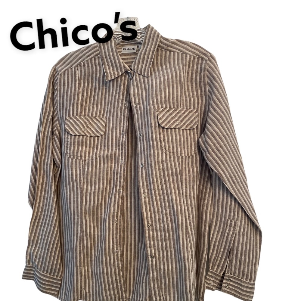 Chico’s Linen Snap up Beige and White Striped Long Sleeve shirt S